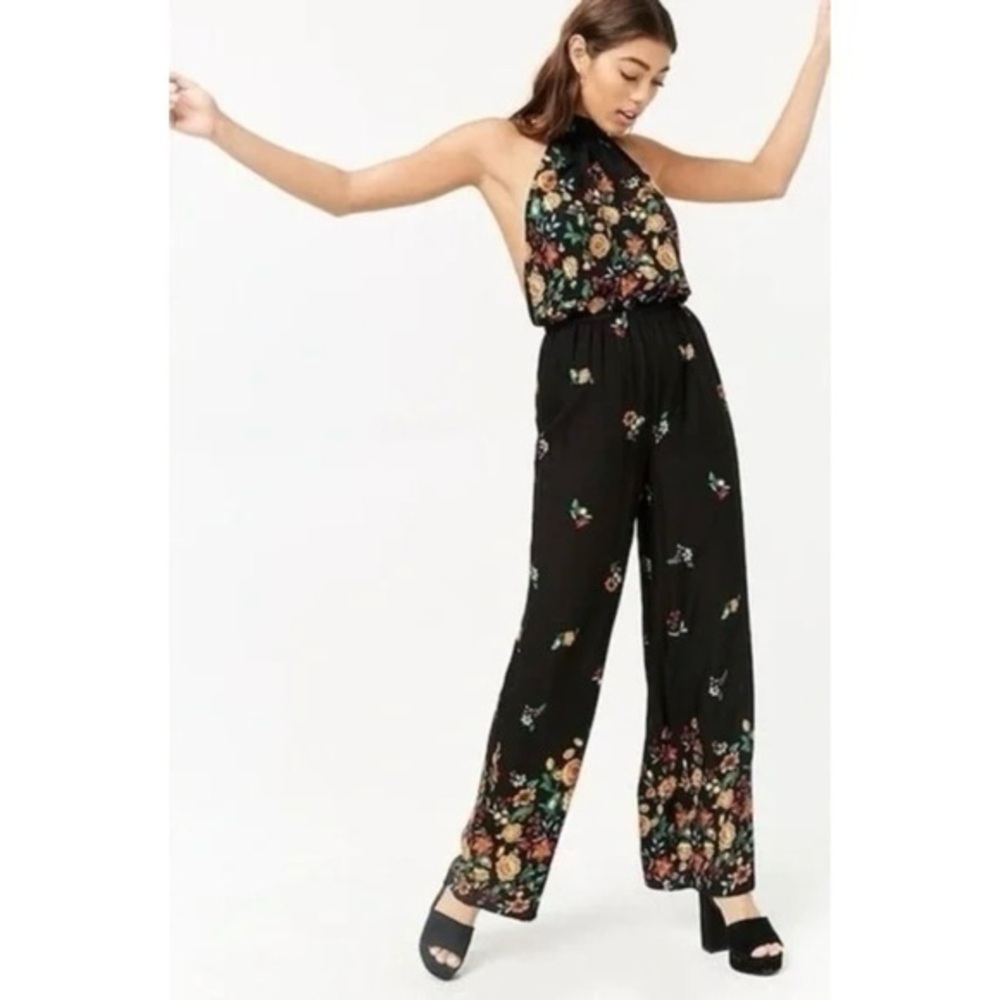 Forever 21 Dark Floral Wide Leg Halter Neck Jumpsuit Black Womens Size Small